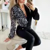 Kvinnors jumpsuits Rompers Leopardzebra Stripe Spliced ​​Blue Women Deep Vneck Shirts Office Lady Chic Long Sleeve Tops ol Shirs för Autumn Spring 221123