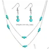 Pendant Necklaces Brand Vintage Turquoise Jewelry Sets Blue Necklace Earring Ring Set Women Drop Delivery Necklaces Pendants Dhxki