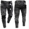 Jeans da uomo Pantaloni della tuta da uomo Pantaloni sexy con foro Pantaloni casual con cerniera per il piede Pantaloni skinny strappati da uomo Matita da motociclista nera lunga