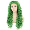 26 "Extra långa gröna lockiga peruker värmevänligt syntetiskt hår spets fram peruk