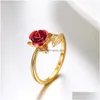 Ringas de banda Trendy Red Rose Garden Folhas de Flores de Flores de Anel Aberto Anéis de Fingos Reduzível para Mulheres