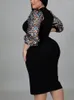 Plus Size Dresses 5xl för kvinnors paljett skarv full ärm ropa mujer höst mode elegant överdimensionerad kontor lady klänning vestidos