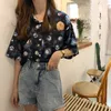 Kvinnors jumpsuits Rompers Retro Cartoon Planet Print Blus Shirt Summer Short Sleeve Lapel Tops Loose Casual Bluses 221123