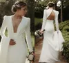 Modest Crepe boho Mermaid Wedding Dresses Satin Long Sleeve Bridal Gowns Ruched Sweep Train Country Garden Mariage