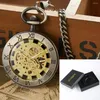 Pocket Watches Vintage Bronze Mechanical Watch Simple Roman Dial Skeleton Steampunk Pendant Antique Clock Reloj Hombre Men Male Fob Box