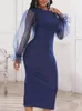 Casual Dresses Women Dress Navy Blue BodyCon See Through Patchwork Långärmad elegant kontor Lagligen afrikansk mode Big Size Slim Spring