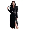 Two Piece Dress Fashion 2 Pieces Outfits Black Set Office Women Formal Kit Temperament Lady Sexy Short Crop Tops Coat Slit Midi Skirt Slim Suits 221124