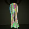 Calça feminina palco sexy e deslumbrante calça refletora de flaras mulheres moda calças de perna larga de cintura larga mancha