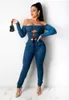 Kvinnor Jumpsuits Rompers Sexiga kvinnor Slash Neck Long Sleeve Bodycon Jeans Casual Jumpsuit Lace Up Denim Pencil Overalls 221123