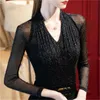 Women's TShirt Sexy See Through Mesh V Neck Glitter Ruched Elegant Party Club Basic Ladies Tops Fashion Women's Long Sleeve Slim Black Tshirt 221124