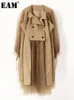 Femmes Mélanges EAM femmes kaki maille irrégulière ceinturée grande taille Trench col en V à manches longues coupe-vent mode printemps automne 1DE3800 221124