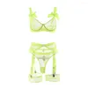 Bras sätter sexig neonunderkläder med strumpor spets bowknot transparent underkläder söt mesh 3-stycken seethrough exotic196h