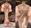 Rose Sequins 2023 Gold Prom Dresses Mermaid Long Sleeves Ruffles Off Shoulder Front Slit Custom Made Ruched Evening Party Gowns Vestidos Formal Ocn Wear