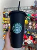 Starbucks 24oz/710ml Plastic Mug Tumbler Reusable Black Drinking Flat Bottom Pillar Shape Lid Straw Cups 2IC9