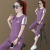 Women's Two Piece Pants Sports Fashion Cropped Trousers Set Short Sleeved Round Neck Slim Summer Suit Women Rose Red Purple Blue Clothes 221123