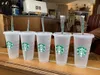 Starbucks 24oz/710ml Tumbler de pl￡stico reutiliz￡vel bebida clara bebida de fundo liso Copo de pilar de pilar canecas de palha bardia 50pcs gr￡tis dhl phip