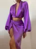 Two Piece Dress Satin Sets Women Summer Y2K Clothes Lantern Sleeve Deep V Neck Crop Top High Slipt Skirts Set Sexy Party Outfits 221123