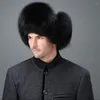 ベレー帽アウトドアラムレザーフェイクファーファーハンティング耳のフラップボンバーハットメンズロシアの冬のトラッパー