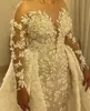 2023 seksowne sukienki ślubne syreny arabski luksus iluzja klejnot szyi pełne koronkowe aplikacje kryształowe koraliki Orskurty plus size niestandardowe suknie ślubne długie rękawy