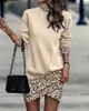 Casual Kleider Frauen Herbst Winter Mode Leopard Print High Neck Langarm Kleid Taille Mini