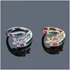 Anillos de banda Diseño Flor del arco iris Cz Anillo Mujeres Regalo de boda Hojas de color dorado Circón austriaco Moda Anillos de cristal Joyería al por mayor Dhpbj