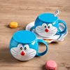 Doraemon Tumbler Seramik Su Kupası Sevimli Mavi Yağ Çocuklar Yaratıcı Makinesi Kedi Kabuk Kupaları Kapak ve Kaşık 3EHG