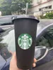 Starbucks 24oz/710ml Plastic Mugs Tumbler Reusable Black Drinking Flat Bottom Cup Pillar Shape Lid Straw Mug 66LA
