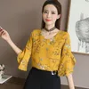 Monos de mujer Mamelucos Blusa Cuello en V Media manga acampanada Camisas Estampado floral Elegante 3 colores Salvaje Top Cómodo Camisa transpirable 221123