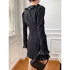 Casual Kleider 2022 Herbst Vintage Mini Frauen V-ausschnitt Schwarz Kleid Rüschen Langarm Mode Roben Vestidos Elegante Party Büro Dame