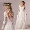 Fantastisk bröllopsklänning v hals långärmad applikationer tyll spets brudklänning