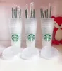 Tumblers Starbucks 24OZ/710ml Plastic Tumbler Reusable Clear Drinking Flat Bottom Cup Pillar Shape Lid Straw Mug Bardian 5pcs stock B0J8