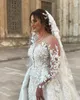 2023 Vestidos de noiva de sereia sexy Jóia de luxo árabe jóia pescoço de renda cheia Apliques de cristal sobrecarregadas de tamanho plus size vestidos de noiva personalizados mangas compridas