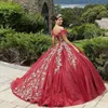 Abiti Quinceanera rosso di lusso Appliques di paillettes Perline Ruffles Off The Shoulder Ball Gowns Corsetto Vestido De 15 Anos