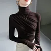 Women's TShirt Women Turtleneck Full Sleeve Folds T Shirts Lady High Quality Elegant Elastic Tops Tees Female TShirt 221124