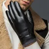 Пяти пальцев перчатки мужские черные зимние варежки сохраняют теплый сенсорный экран ветрозащитный ветер, вождение Гуанты Мужские осенние кожа, кожа 221119