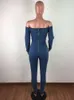 Kvinnor Jumpsuits Rompers Sexiga kvinnor Slash Neck Long Sleeve Bodycon Jeans Casual Jumpsuit Lace Up Denim Pencil Overalls 221123