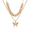 Anhänger Halsketten Trend Doppelkubanische Halskette Persönlichkeit übertrieben mit voller Diamant -Schmetterling Kette Kette Kette Frauen