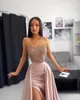 Sexy Blush Mermaid Prom Dresses for Women Plus Size with Deatchable Train Satin High Side Split Lace Appliques Beading Pleat Ruched Formal Evening Party Gowns Custom