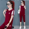 Women's Two Piece Pants Sports Fashion Cropped Trousers Set Short Sleeved Round Neck Slim Summer Suit Women Rose Red Purple Blue Clothes 221123