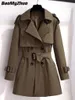 Kvinnor blandar Autumn Winter Elegant Women Double Breasted Solid Trench Coat 100 Cotton Vintage Slå ner kragen med bältet 221124