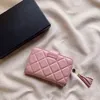 Franska lyxiga kvinnor Mini Small Coin Purses Pink Black Lambskin Quilted Designer Wallet Tassel Pendant Diamond Pattern Card Holder260e