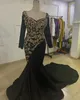 África Plus Size Preto Vestidos de Noite Sereia para Mulheres Árabe Aso Ebi Renda Mangas Compridas Cetim Noite Festa Formal Segunda Recepção Aniversário Noivado Vestido de Baile