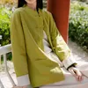 エスニック服ホワイトイエローチョンサムトップコート女性中国スタイルのリネンタングレトロジャケットタイチハンフーシャツファッションオリエンタル