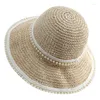 Breda randen hattar pärla dekor sommar hink hatt virkning fiskare för kvinnor hudvänlig stor