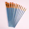 Fornecimento de arte 12pcs de pincel de cabelo de nylon conjunto com alça de madeira azul Ferrule de alumínio para pincéis de pintura a óleo, entre em contato conosco para compra