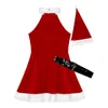 Thema Kostüm TiaoBug Frauen Weihnachten Rot Weiches Samt Kleid mit Hut und Gürtel Set Erwachsene Cosplay Xmas Party Festival Rave Santa 221124