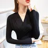 Women's TShirt Women Crossed Vneck Soft Full Sleeve T Shirts Lady Elegant Elastic Tops Tees Female Folds TShirt 221124