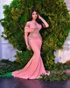 Abiti da sera firmati rosa maniche lunghe paillettes sirena collo alto plus size pieghe abito da ballo abiti formali su misura