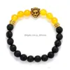 Bracciale con testa di leone in pietra lavica con onice giallo con perline Fascino per uomo Maturo Aura Cure Gift Drop Delivery Jewelry Bracciali Dhxi9