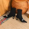 부츠 양말 브랜드 디자인 럭셔리 보우 티가 뾰족한 발가락 얇은 하이힐 발목 여성 섹시한 우아한 짧은 짧은 221123